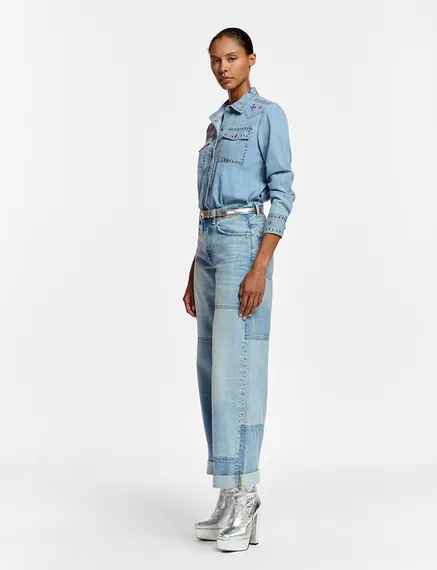 Straight-leg patchwork blue jeans