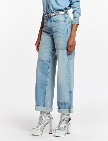 Straight-leg patchwork blue jeans