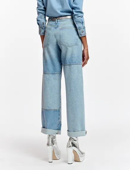 Straight-leg patchwork blue jeans