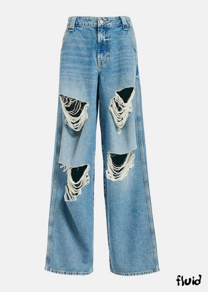 Blaue Jeans mit weitem Bein in Used-Optik