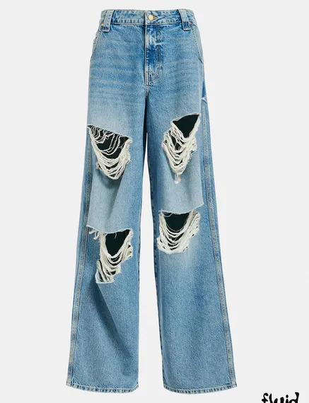 Blauwe afgedragen jeans met brede pijpen