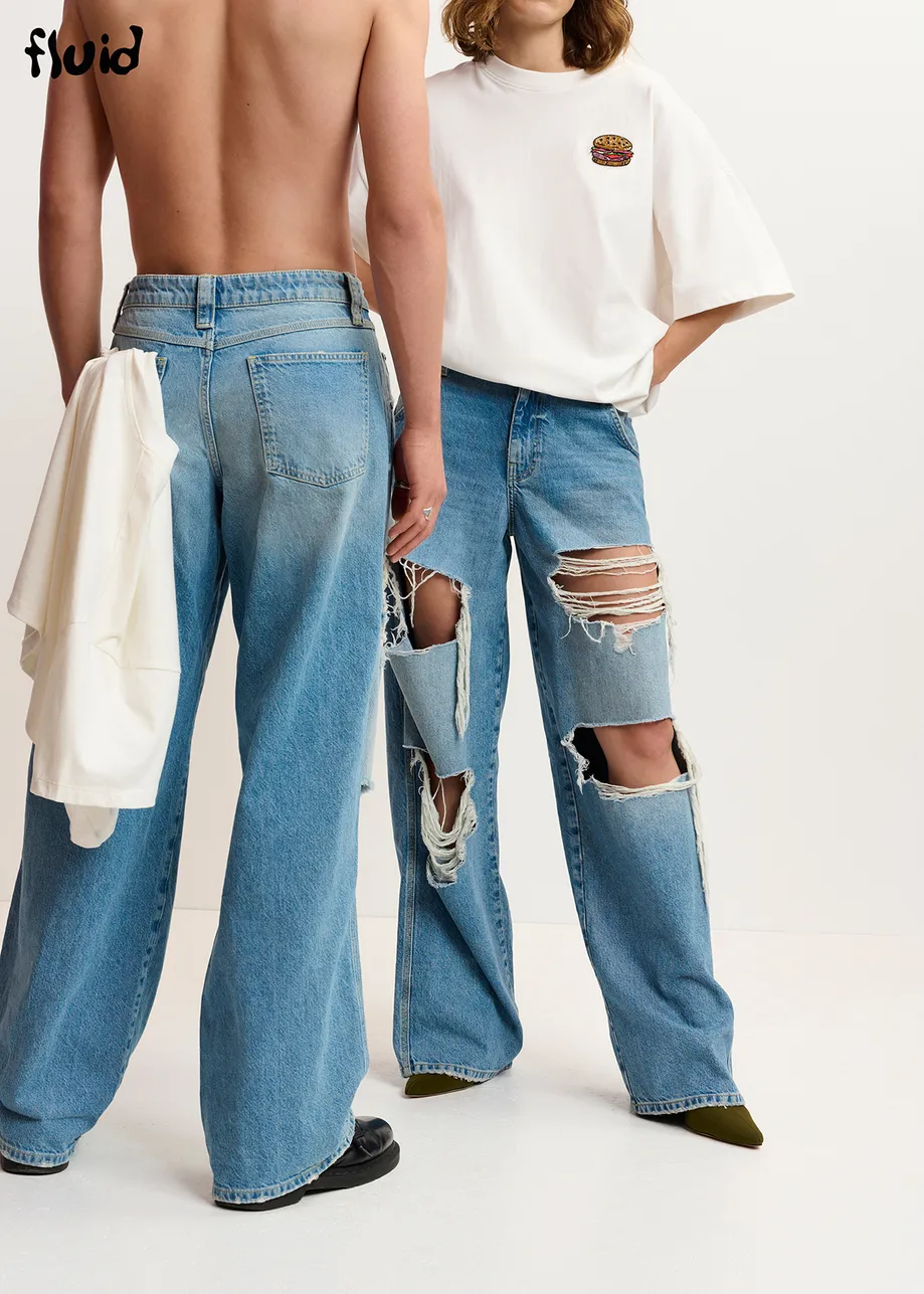 Distressed wide-leg blue jeans