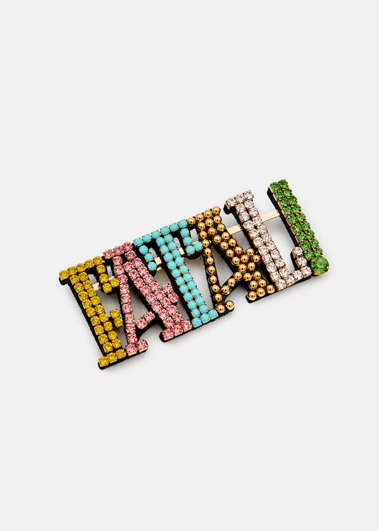 Multicolor rhinestone 'fatal!' brooch