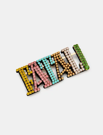 Broche 'fatal!' en strass multicolores