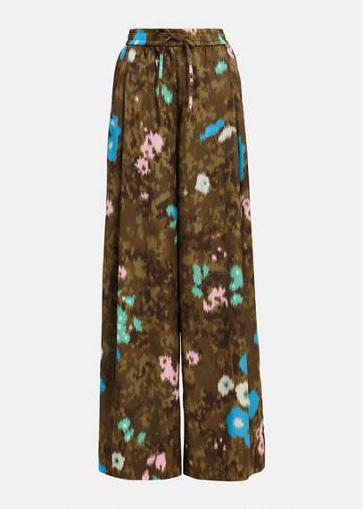 Khaki floral print wide-leg pants