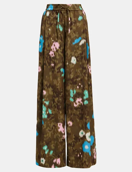 Khaki floral print wide-leg pants