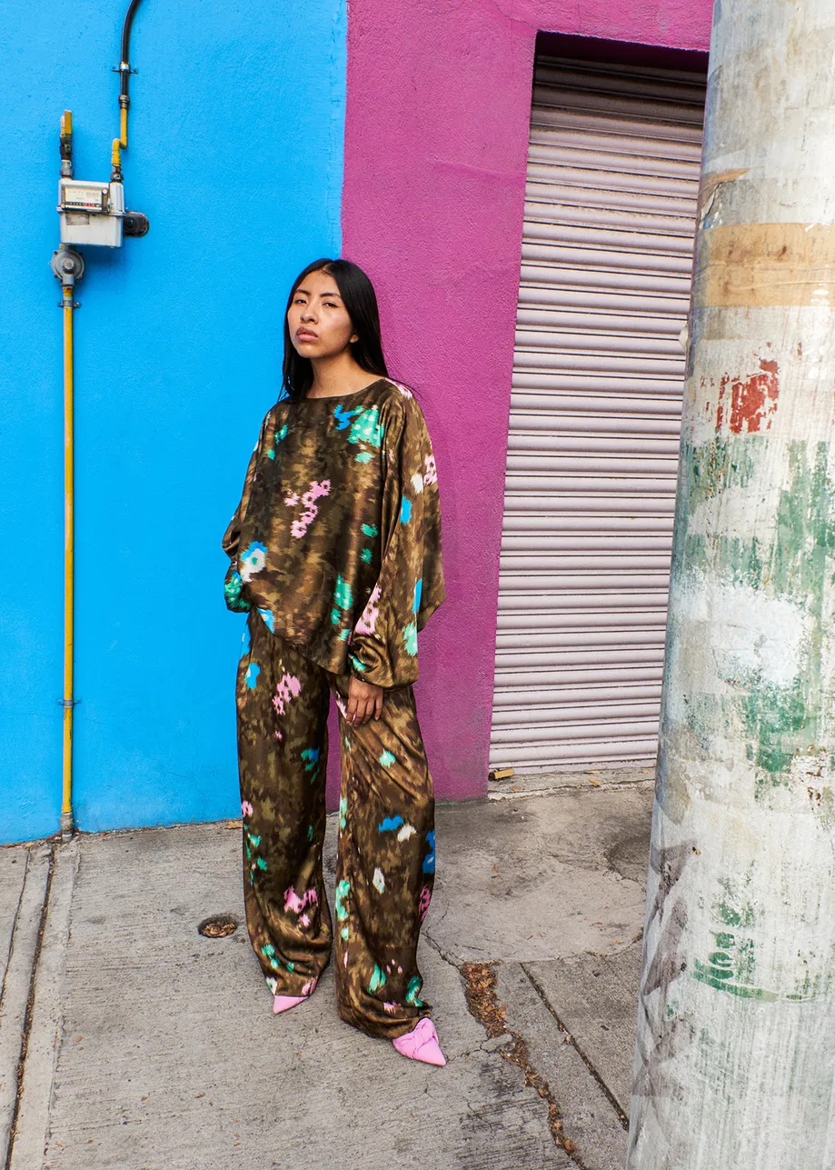 Khaki floral print wide-leg pants