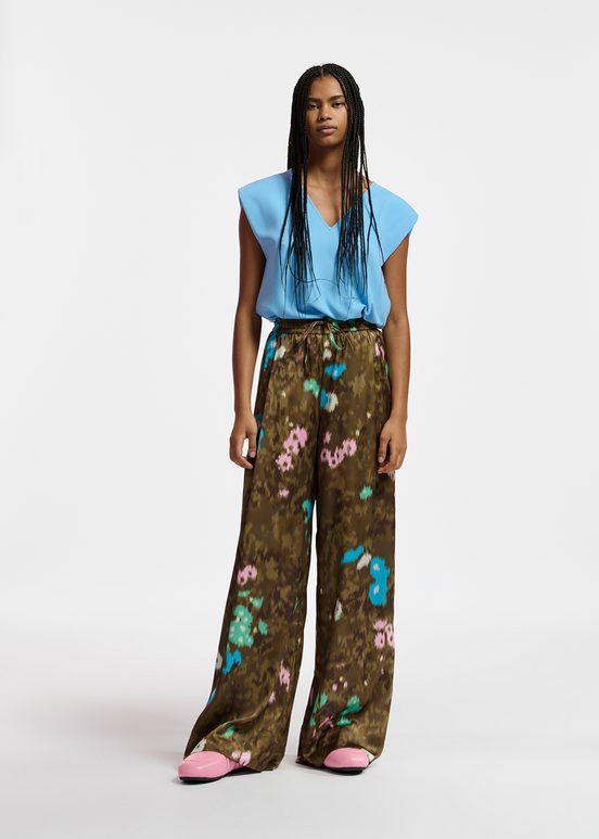 Khaki floral print wide-leg pants