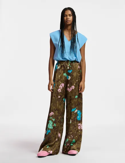 Khaki floral print wide-leg pants