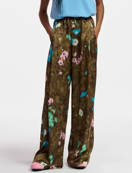 Khaki floral print wide-leg pants