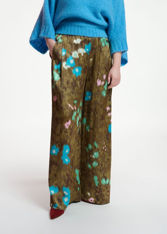 Khaki floral print wide-leg pants