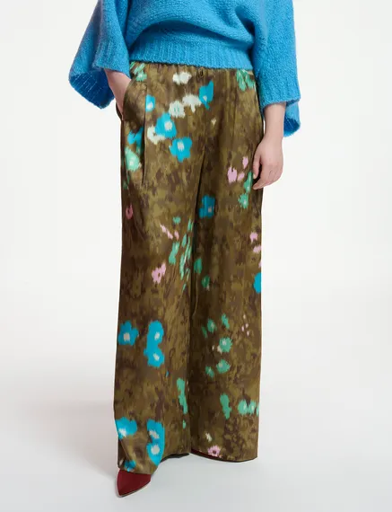 Khaki floral print wide-leg pants