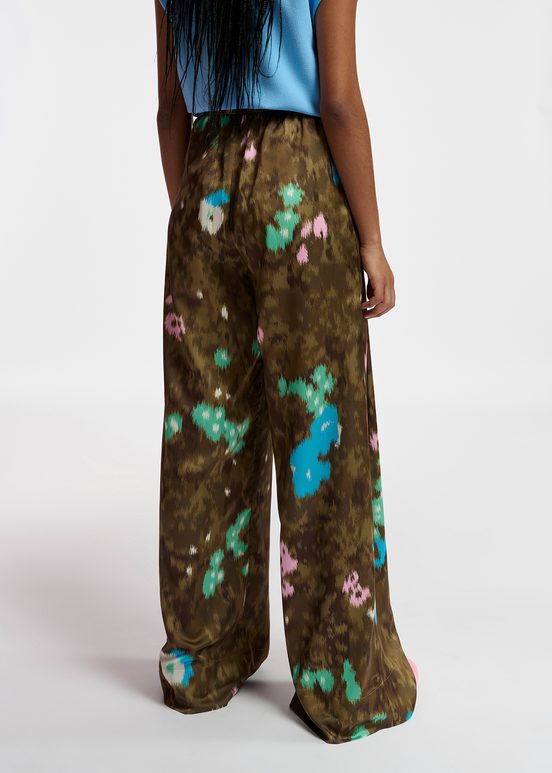 Khaki floral print wide-leg pants