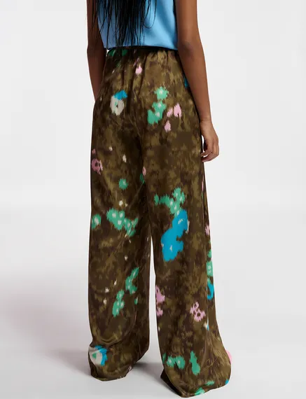 Khaki floral print wide-leg pants