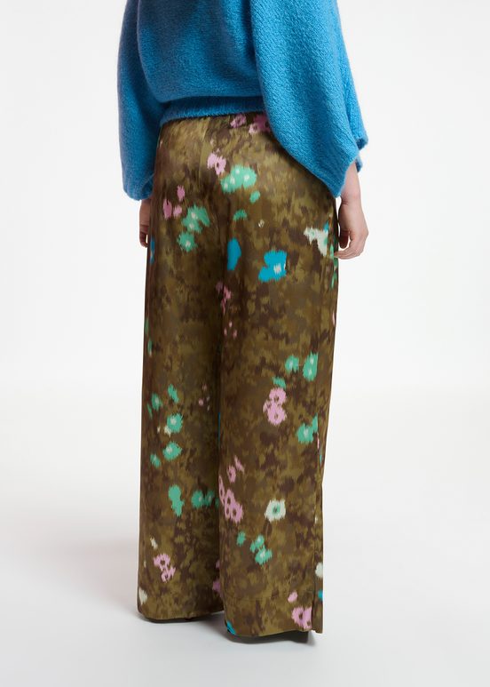 Khaki floral print wide-leg pants