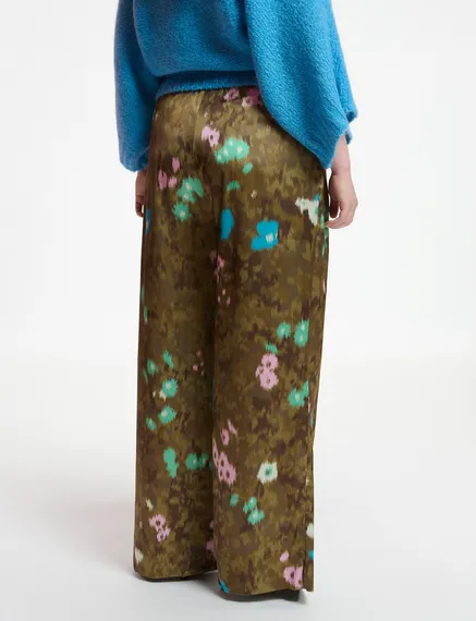 Khaki floral print wide-leg pants