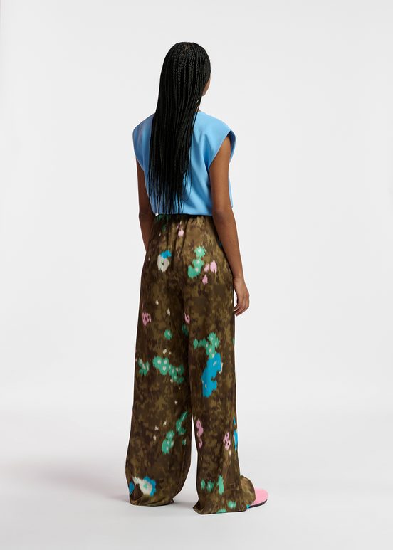 Khaki floral print wide-leg pants