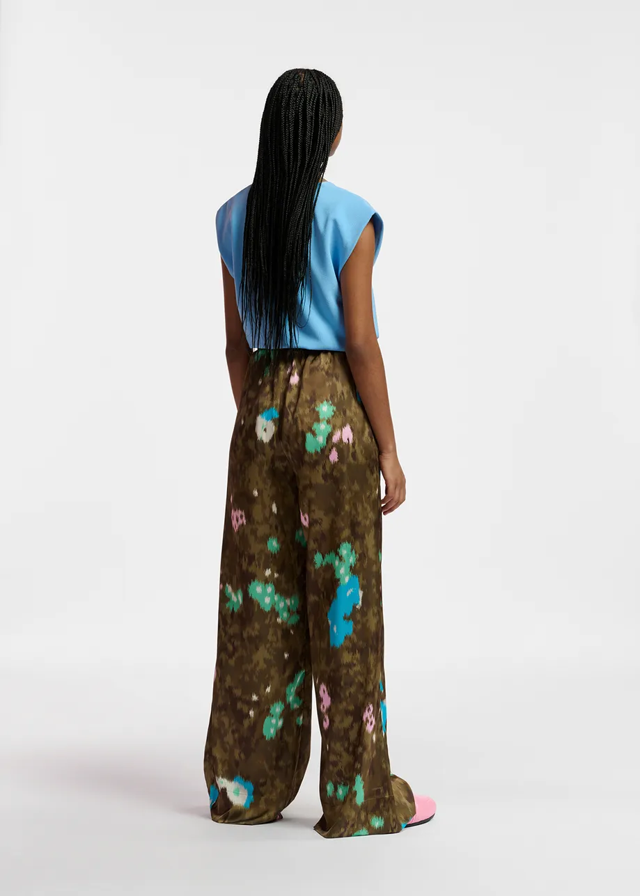 Khaki floral print wide-leg pants