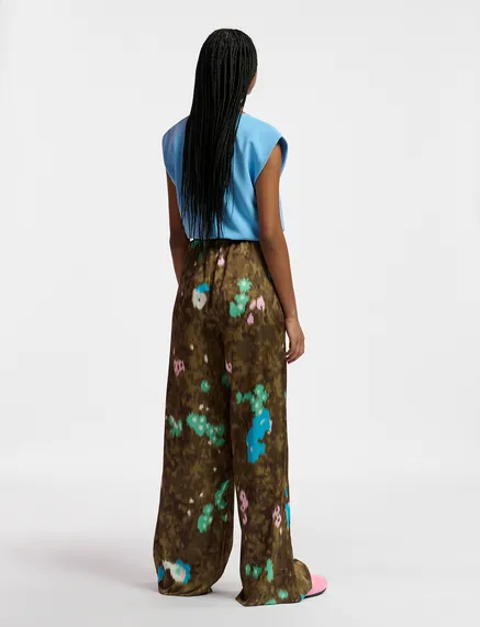 Khaki floral print wide-leg pants