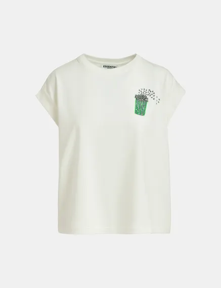 Off-white organic cotton T-shirt with popcorn embroidery