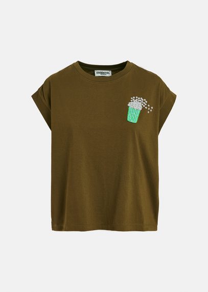 Khaki organic cotton T-shirt with popcorn embroidery