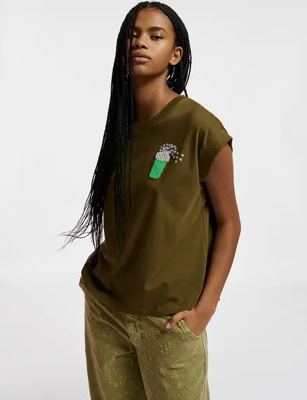 Khaki organic cotton T-shirt with popcorn embroidery