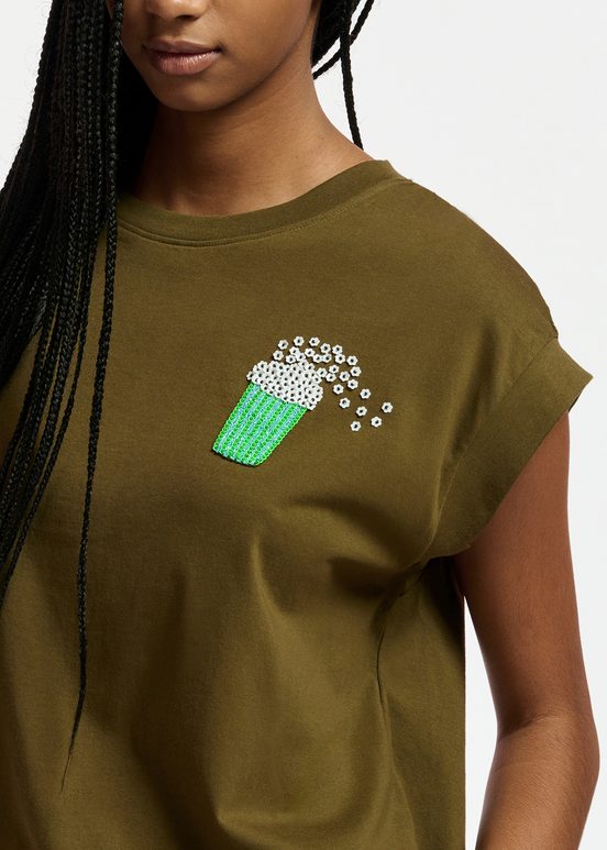 Khaki organic cotton T-shirt with popcorn embroidery