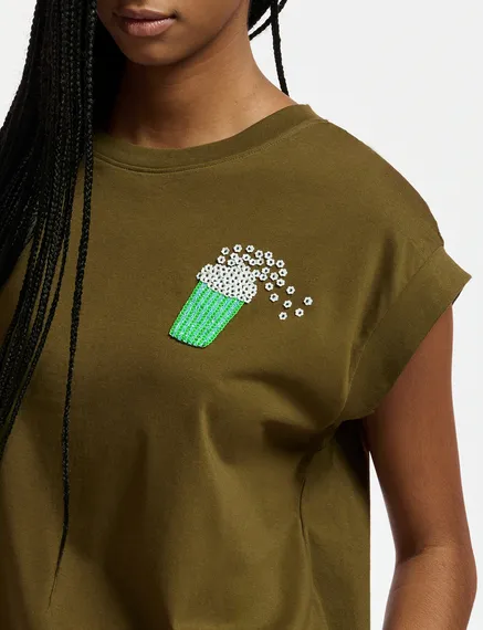 Khaki organic cotton T-shirt with popcorn embroidery