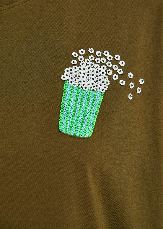 Khaki organic cotton T-shirt with popcorn embroidery