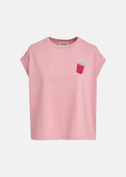 Light pink organic cotton T-shirt with popcorn embroidery