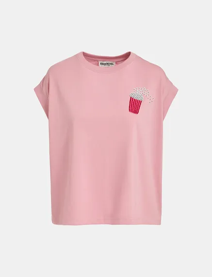 T-shirt en coton bio rose clair à broderie pop-corn