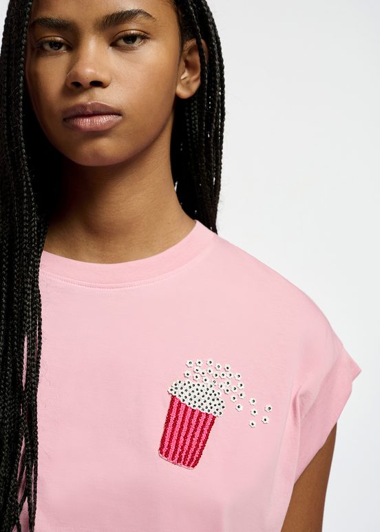 T-shirt en coton bio rose clair à broderie pop-corn