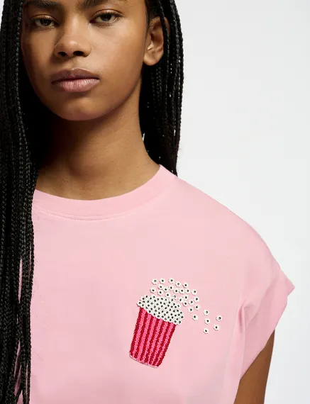 Light pink organic cotton T-shirt with popcorn embroidery