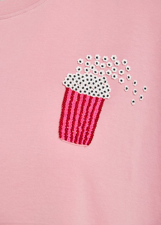 T-shirt en coton bio rose clair à broderie pop-corn