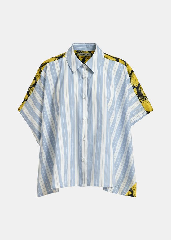 Blue and white striped shirt with yellow silk back panel