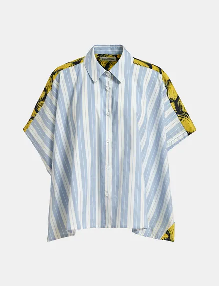 Blue and white striped shirt with yellow silk back panel