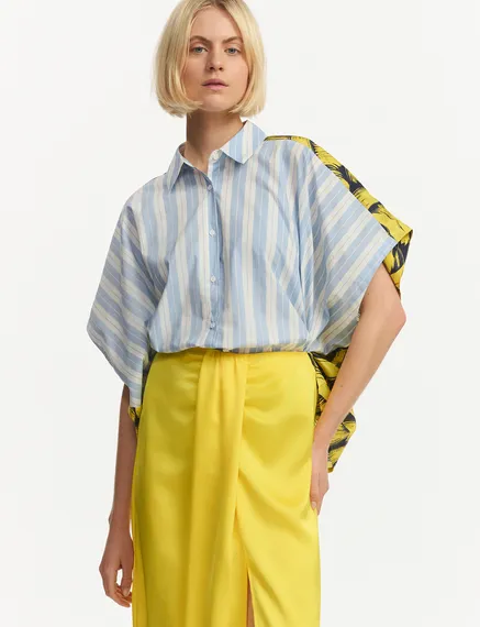 Blue and white striped shirt with yellow silk back panel