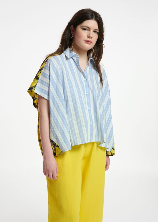 Blue and white striped shirt with yellow silk back panel