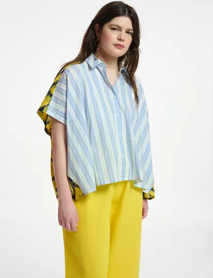 Blue and white striped shirt with yellow silk back panel