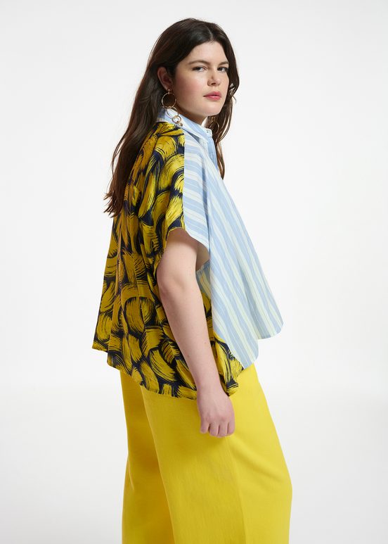 Blue and white striped shirt with yellow silk back panel