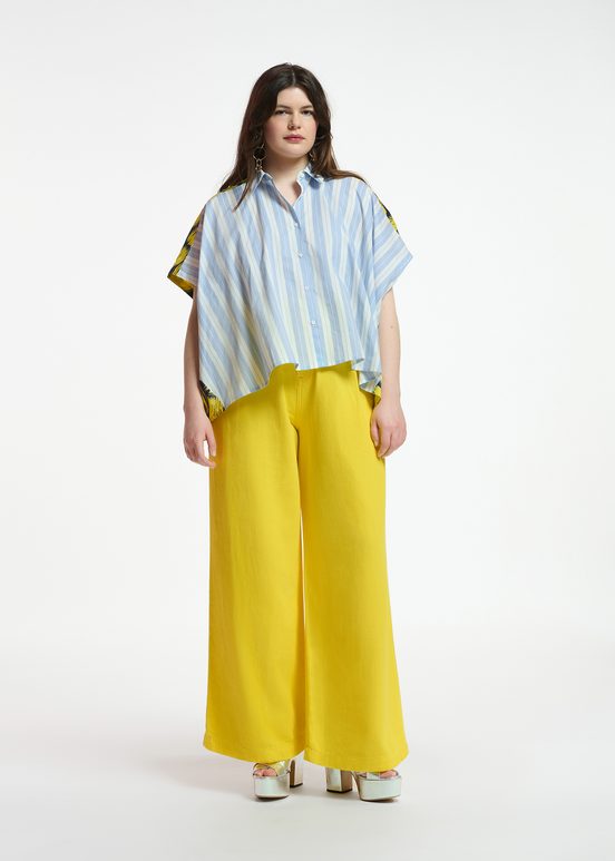 Blue and white striped shirt with yellow silk back panel