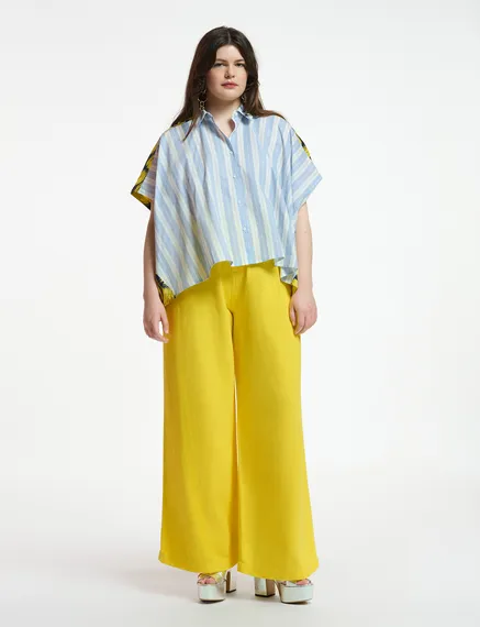 Blue and white striped shirt with yellow silk back panel