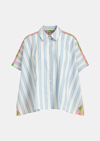 Blue and white striped shirt with pink silk back panel