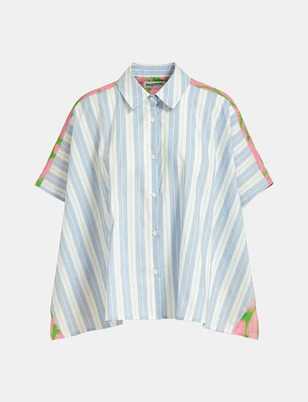 Blue and white striped shirt with pink silk back panel