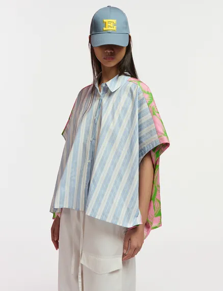 Blue and white striped shirt with pink silk back panel