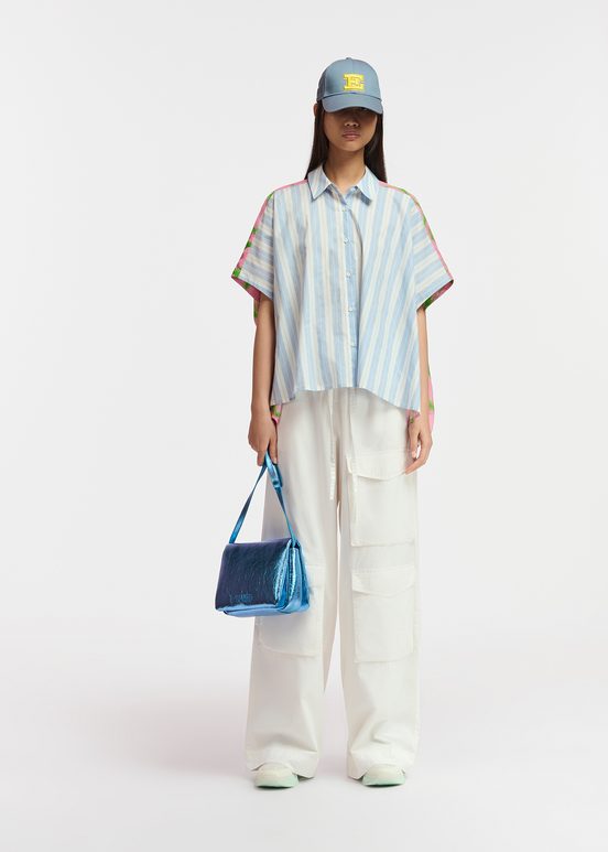 Blue and white striped shirt with pink silk back panel