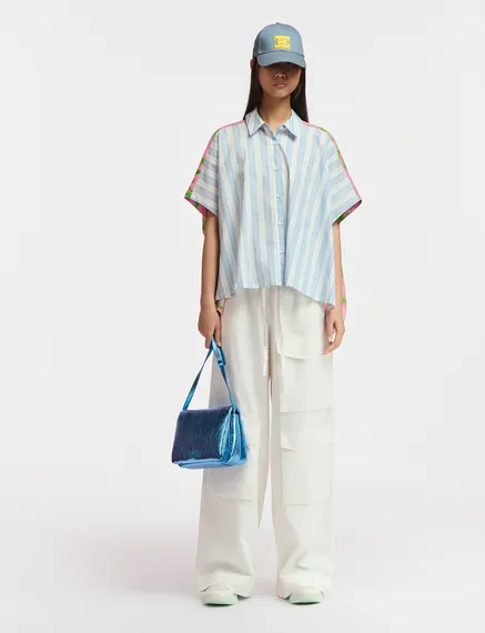 Blue and white striped shirt with pink silk back panel