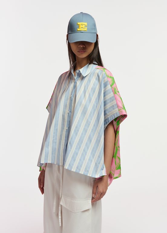 Blue and white striped shirt with pink silk back panel