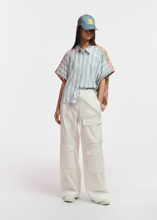 Blue and white striped shirt with pink silk back panel