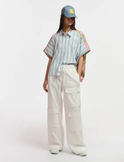 Blue and white striped shirt with pink silk back panel